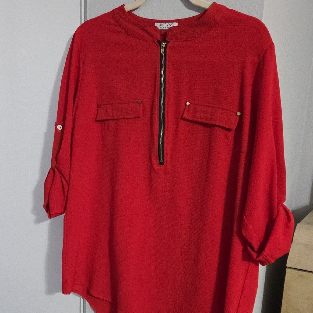 Red Zip-Up Blouse with Rolled Sleeves